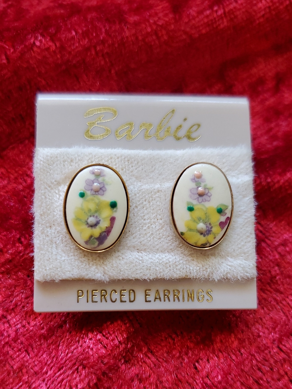 Vintage 70's Barbie Branded Floral Enamel Painted Pierced Earrings New Old Stock